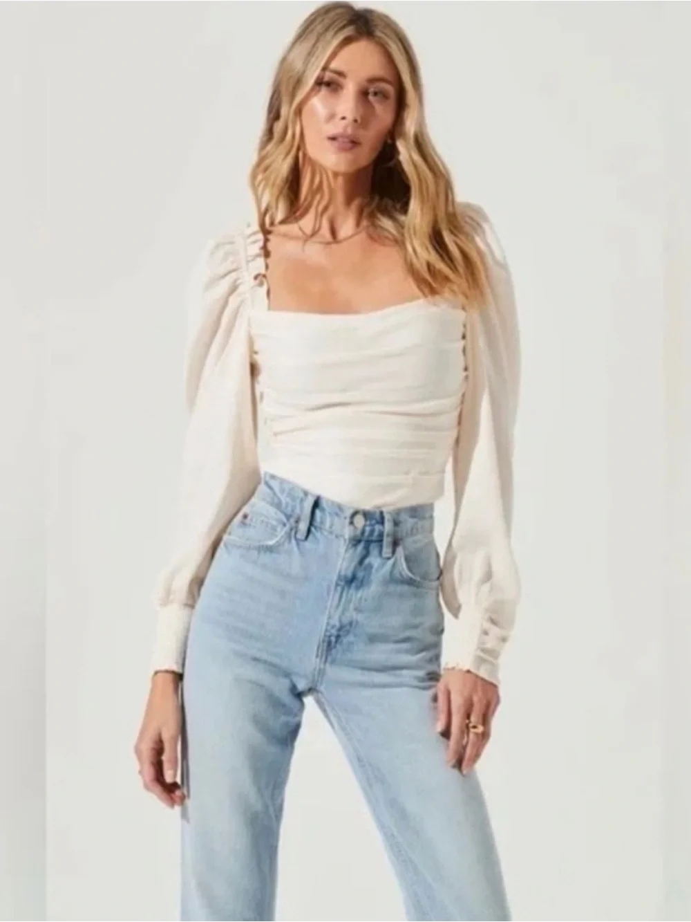 ASTR the Label Ivory Ruched Puff Sleeve Corset Top Medium Romantic Cottage NWT